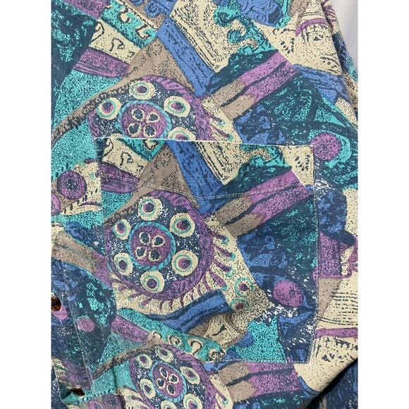 Permit Brand Shirt Mens L Blue Button Up Geometric Surf Cotton Relax 90s VTG - Picture 14 of 14